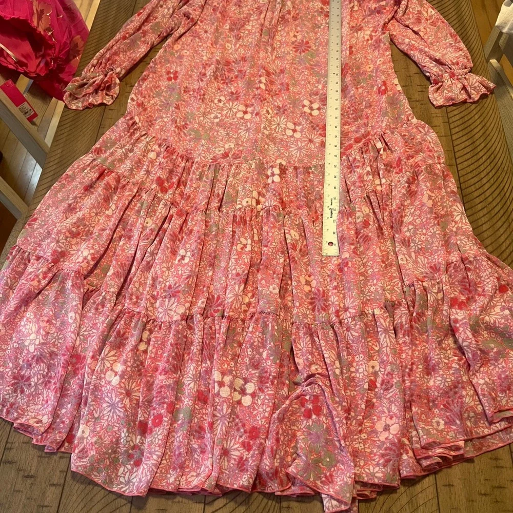Free People Women's Small Dress Pink Floral Tiered Ruffle Boho Long Sleeve Midi